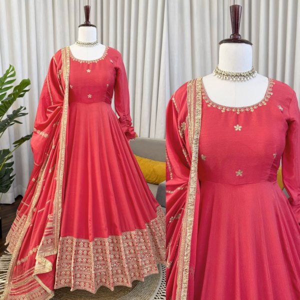 Seamless Peach Designer Anarkali Suit with Coding Sequin Work and Lace Dupatta Ready To Wear Collection