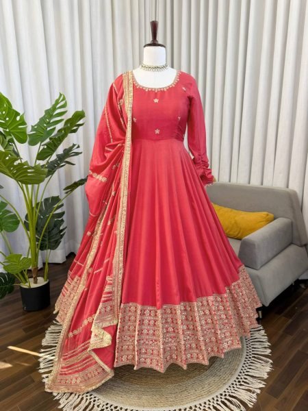 Seamless Peach Designer Anarkali Suit with Coding Sequin Work and Lace Dupatta Ready To Wear Collection
