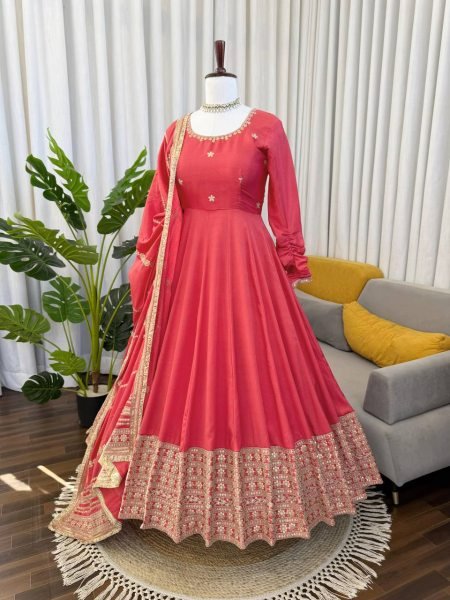 Seamless Peach Designer Anarkali Suit with Coding Sequin Work and Lace Dupatta Ready To Wear Collection