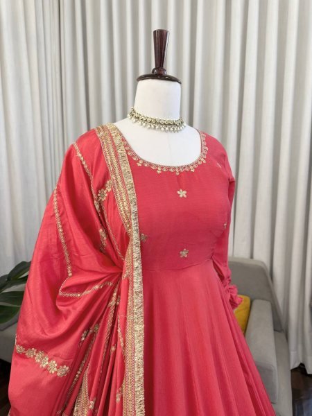 Seamless Peach Designer Anarkali Suit with Coding Sequin Work and Lace Dupatta Ready To Wear Collection