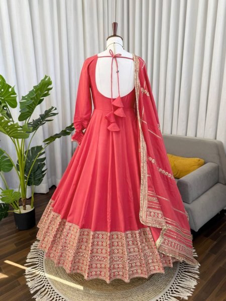 Seamless Peach Designer Anarkali Suit with Coding Sequin Work and Lace Dupatta Ready To Wear Collection