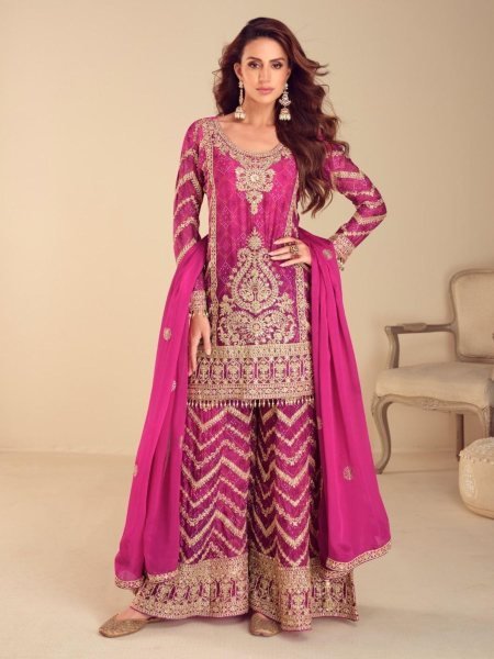 Seamless Pink Chinon Digital Print Suit Set with Hand Embroidery Work 