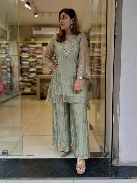 Seamless Pista Salsa Silk Sharara Suit Set with Coding Embroidery and Stone Work 