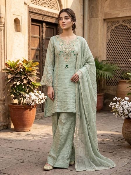 Seamless Pista Salsa Silk Sharara Suit Set with Coding Embroidery and Stone Work Ready To Wear Collection