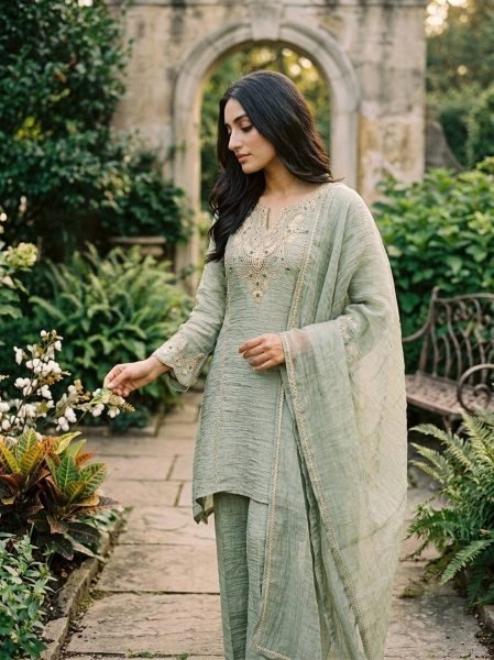 Seamless Pista Salsa Silk Sharara Suit Set with Coding Embroidery and Stone Work Ready To Wear Collection