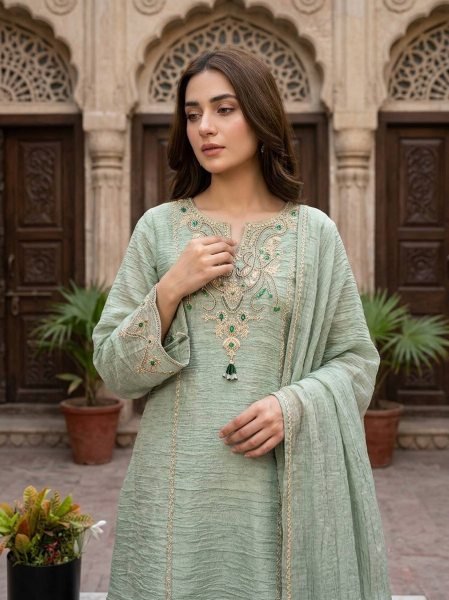 Seamless Pista Salsa Silk Sharara Suit Set with Coding Embroidery and Stone Work Ready To Wear Collection