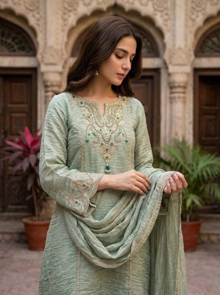 Seamless Pista Salsa Silk Sharara Suit Set with Coding Embroidery and Stone Work Ready To Wear Collection