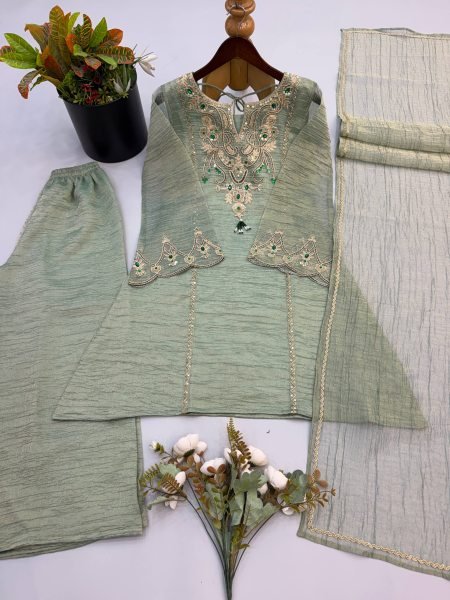 Seamless Pista Salsa Silk Sharara Suit Set with Coding Embroidery and Stone Work Ready To Wear Collection
