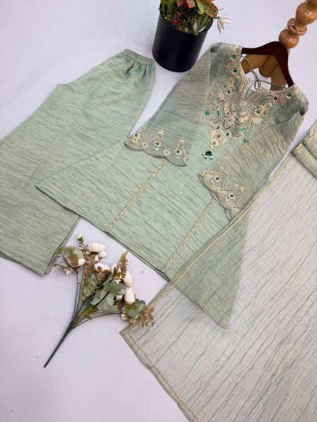 Seamless Pista Salsa Silk Sharara Suit Set with Coding Embroidery and Stone Work Ready To Wear Collection