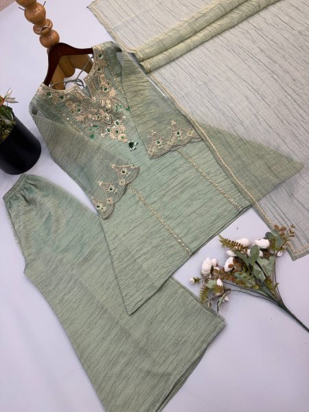 Seamless Pista Salsa Silk Sharara Suit Set with Coding Embroidery and Stone Work Ready To Wear Collection