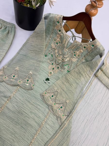 Seamless Pista Salsa Silk Sharara Suit Set with Coding Embroidery and Stone Work Ready To Wear Collection