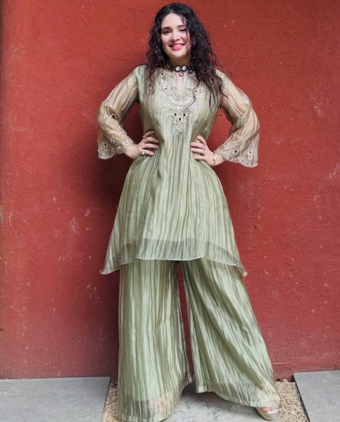 Seamless Pista Salsa Silk Sharara Suit Set with Coding Embroidery and Stone Work Ready To Wear Collection