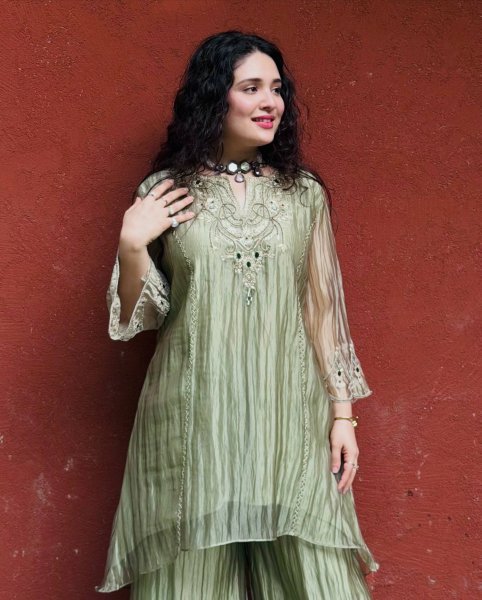 Seamless Pista Salsa Silk Sharara Suit Set with Coding Embroidery and Stone Work Ready To Wear Collection