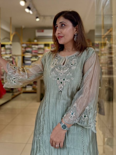 Seamless Pista Salsa Silk Sharara Suit Set with Coding Embroidery and Stone Work Ready To Wear Collection