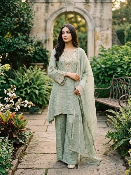 Seamless Pista Salsa Silk Sharara Suit Set with Coding Embroidery and Stone Work Ready To Wear Collection
