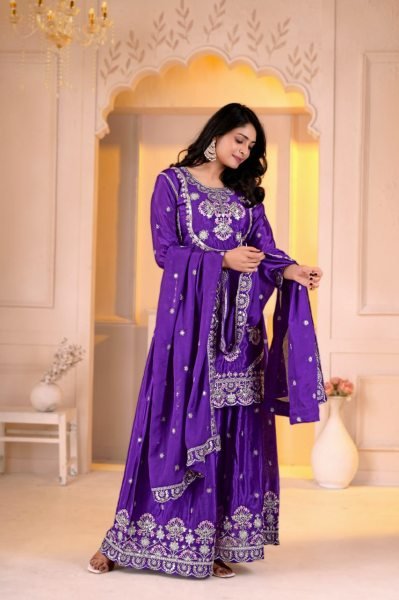 Seamless Purple Designer Chinon Top Sharara Dupatta Set with Multi Embroidery Ready To Wear Collection