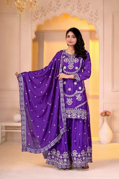 Seamless Purple Designer Chinon Top Sharara Dupatta Set with Multi Embroidery Ready To Wear Collection