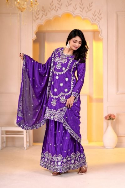 Seamless Purple Designer Chinon Top Sharara Dupatta Set with Multi Embroidery Ready To Wear Collection
