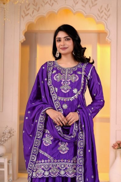 Seamless Purple Designer Chinon Top Sharara Dupatta Set with Multi Embroidery Ready To Wear Collection
