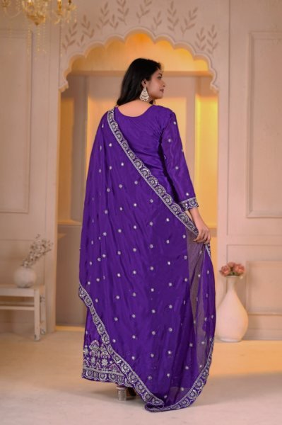 Seamless Purple Designer Chinon Top Sharara Dupatta Set with Multi Embroidery Ready To Wear Collection