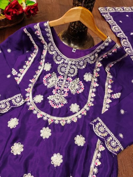 Seamless Purple Designer Chinon Top Sharara Dupatta Set with Multi Embroidery Ready To Wear Collection