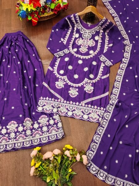 Seamless Purple Designer Chinon Top Sharara Dupatta Set with Multi Embroidery Ready To Wear Collection