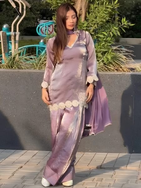 Seamless Purple Heavy Fandy Silk Top with Farshi Salwar and Dupatta Set 