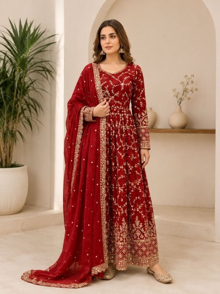 Seamless Red Chinon Silk Anarkali Mirror Work  with Cutwork Dupatta Ready To Wear Suit