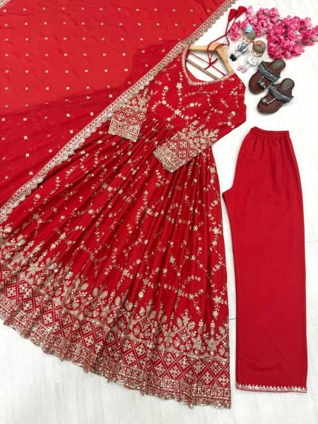 Seamless Red Chinon Silk Anarkali Mirror Work  with Cutwork Dupatta Ready To Wear Collection