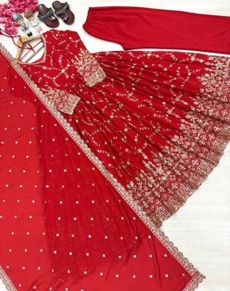 Seamless Red Chinon Silk Anarkali Mirror Work  with Cutwork Dupatta Ready To Wear Collection