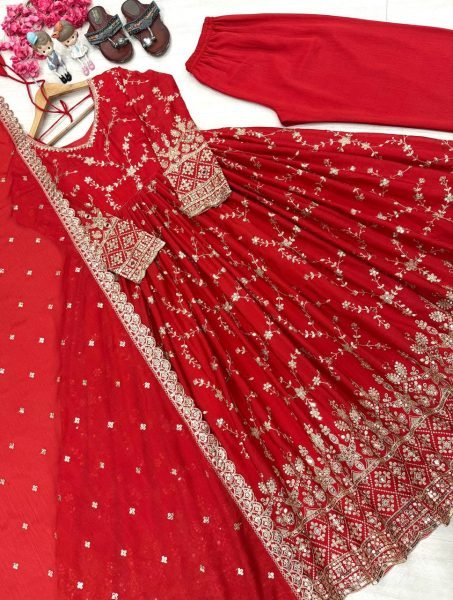 Seamless Red Chinon Silk Anarkali Mirror Work  with Cutwork Dupatta Ready To Wear Collection