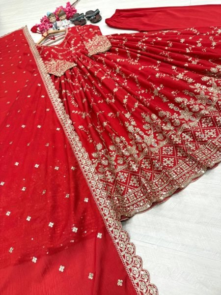 Seamless Red Chinon Silk Anarkali Mirror Work  with Cutwork Dupatta Ready To Wear Collection