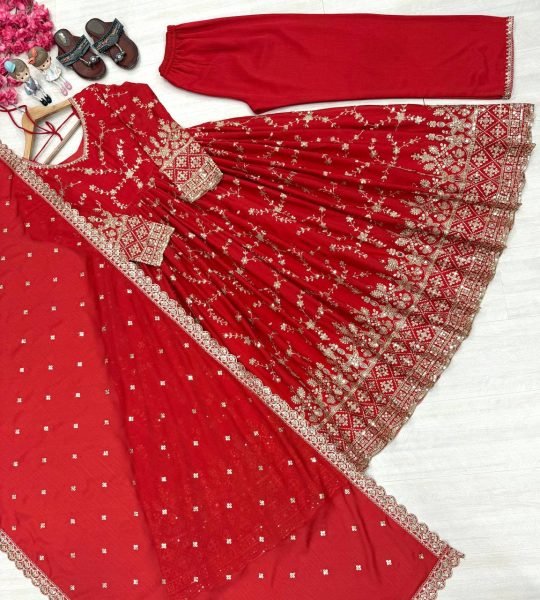 Seamless Red Chinon Silk Anarkali Mirror Work  with Cutwork Dupatta Ready To Wear Collection