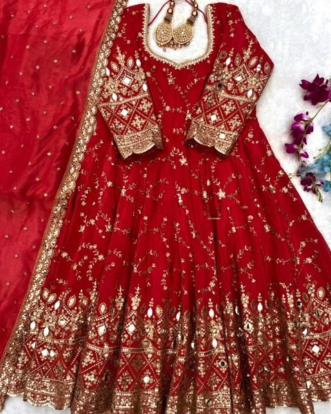 Seamless Red Chinon Silk Anarkali Mirror Work  with Cutwork Dupatta Ready To Wear Collection