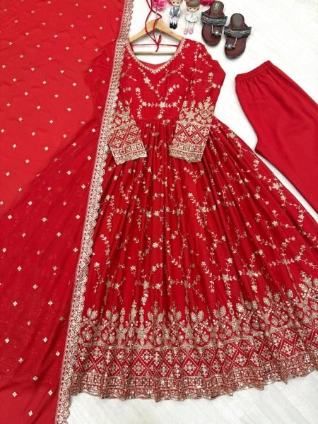 Seamless Red Chinon Silk Anarkali Mirror Work  with Cutwork Dupatta Ready To Wear Collection