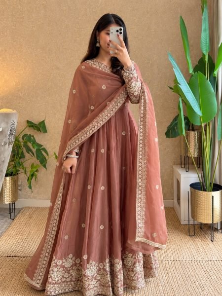 Seamless Rust Party Wear Fendy Silk Gown with Sequin Work at Manufacturer  