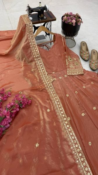 Seamless Rust Party Wear Fendy Silk Gown with Sequin Work at Manufacturer  Ready To Wear Collection