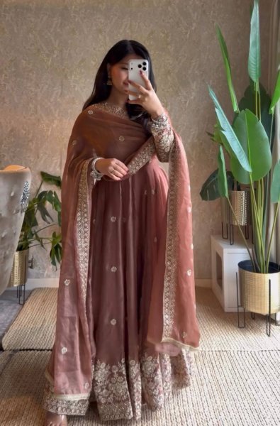 Seamless Rust Party Wear Fendy Silk Gown with Sequin Work at Manufacturer  Ready To Wear Collection