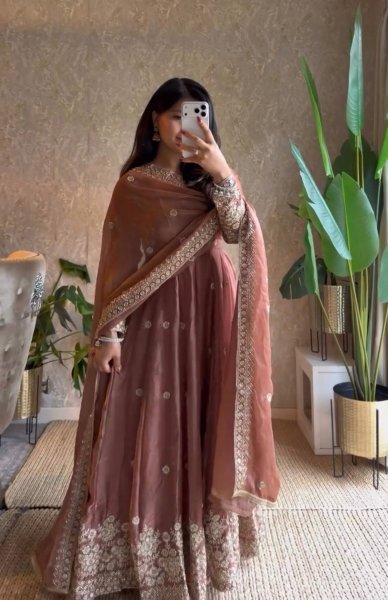 Seamless Rust Party Wear Fendy Silk Gown with Sequin Work at Manufacturer  Ready To Wear Collection