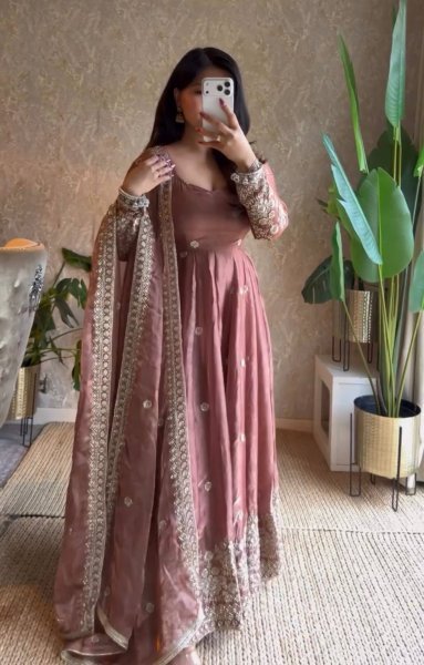 Seamless Rust Party Wear Fendy Silk Gown with Sequin Work at Manufacturer  Ready To Wear Collection