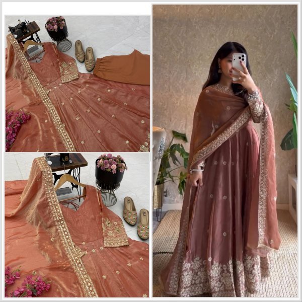 Seamless Rust Party Wear Fendy Silk Gown with Sequin Work at Manufacturer  Ready To Wear Collection