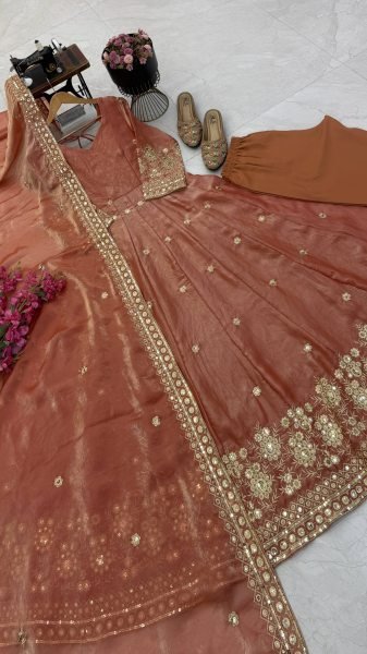 Seamless Rust Party Wear Fendy Silk Gown with Sequin Work at Manufacturer  Ready To Wear Collection