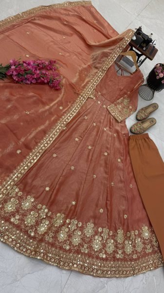 Seamless Rust Party Wear Fendy Silk Gown with Sequin Work at Manufacturer  Ready To Wear Collection