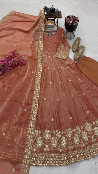 Seamless Rust Party Wear Fendy Silk Gown with Sequin Work at Manufacturer  Ready To Wear Collection