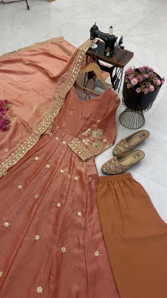 Seamless Rust Party Wear Fendy Silk Gown with Sequin Work at Manufacturer  Ready To Wear Collection