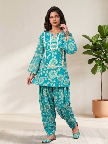 Seamless Sky Blue KIORA Brand Farshi Co Ord Set with Lace Border Design Kurtis