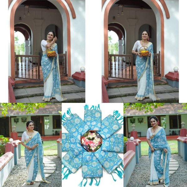 Seamless Sky Blue Linen Cotton Digital Printed Skirt Saree with Unstitched Blouse Printed Cotton Sarees Wholesale