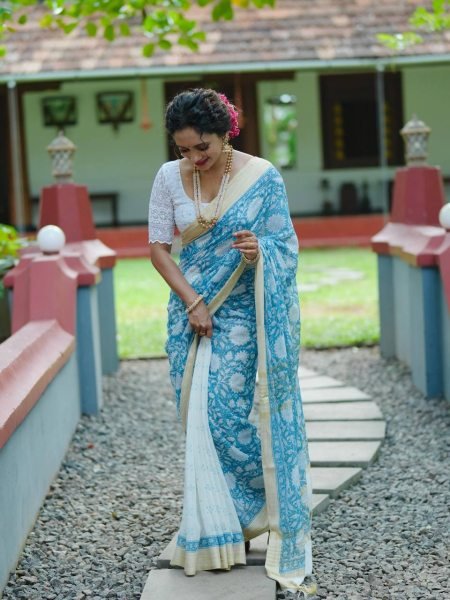 Seamless Sky Blue Linen Cotton Digital Printed Skirt Saree with Unstitched Blouse Printed Cotton Sarees Wholesale