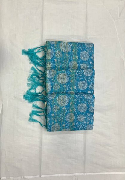 Seamless Sky Blue Linen Cotton Digital Printed Skirt Saree with Unstitched Blouse Printed Cotton Sarees Wholesale