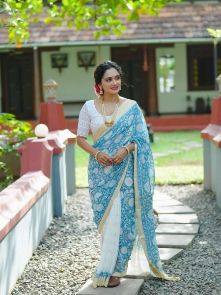 Seamless Sky Blue Linen Cotton Digital Printed Skirt Saree with Unstitched Blouse Printed Cotton Sarees Wholesale